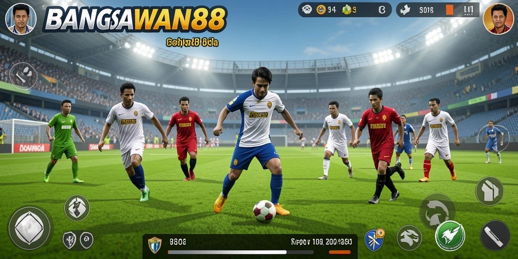 Screenshot gameplay BANGSAWAN88 menampilkan aksi seru di lapangan sepak bola.
