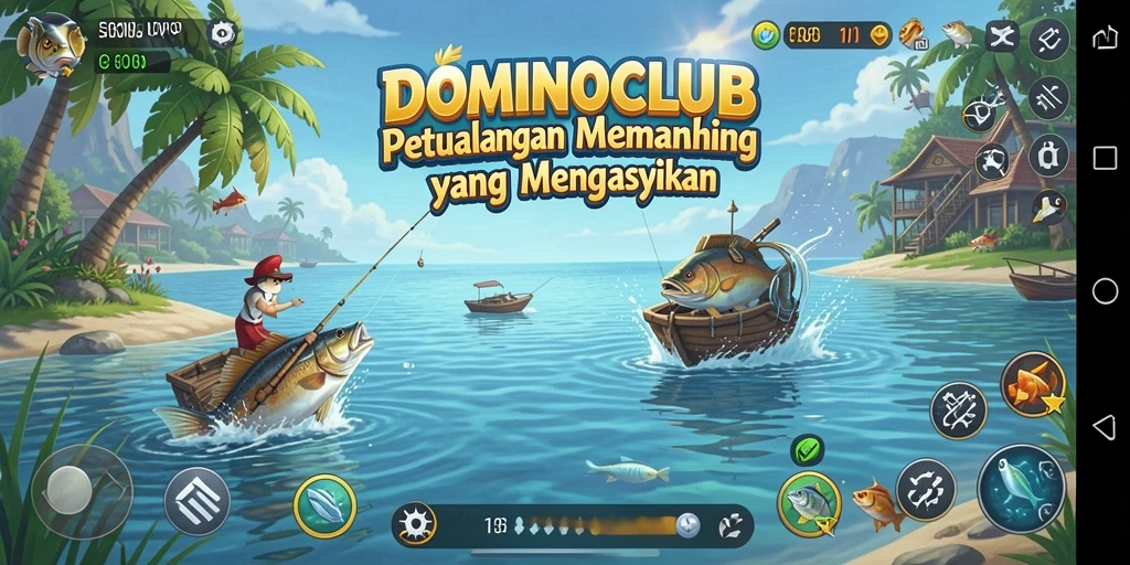Gameplay memancing yang seru di DOMINOCLUB dengan berbagai ikan.