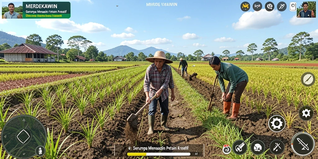 Tangkapan layar gameplay <strong>MERDEKAWIN</strong> menunjukkan aktivitas pertanian yang menyenangkan.