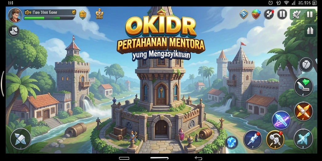 Screenshot gameplay OKIDR menampilkan serangan musuh yang mendebarkan dan menara pertahanan yang strategis.