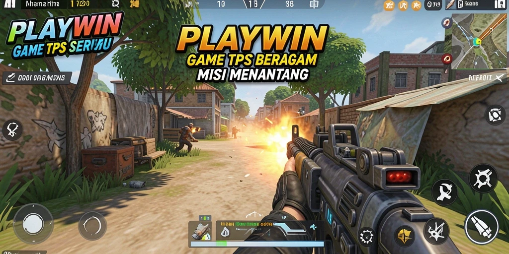 Tampilan gameplay <strong>PLAYWIN</strong> dengan aksi tembak-menembak seru dan lingkungan yang detail.