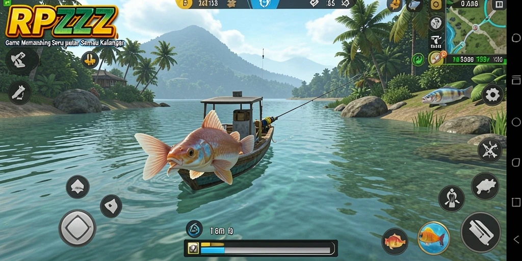 Screenshot menunjukkan aksi memancing seru dengan ikan yang beragam.